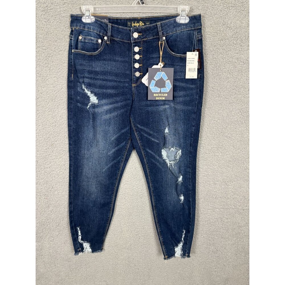 Indigo Rein Women's 5 Button Curvy Crops Denim Jeans Distressed 15 Dark Blue NWT